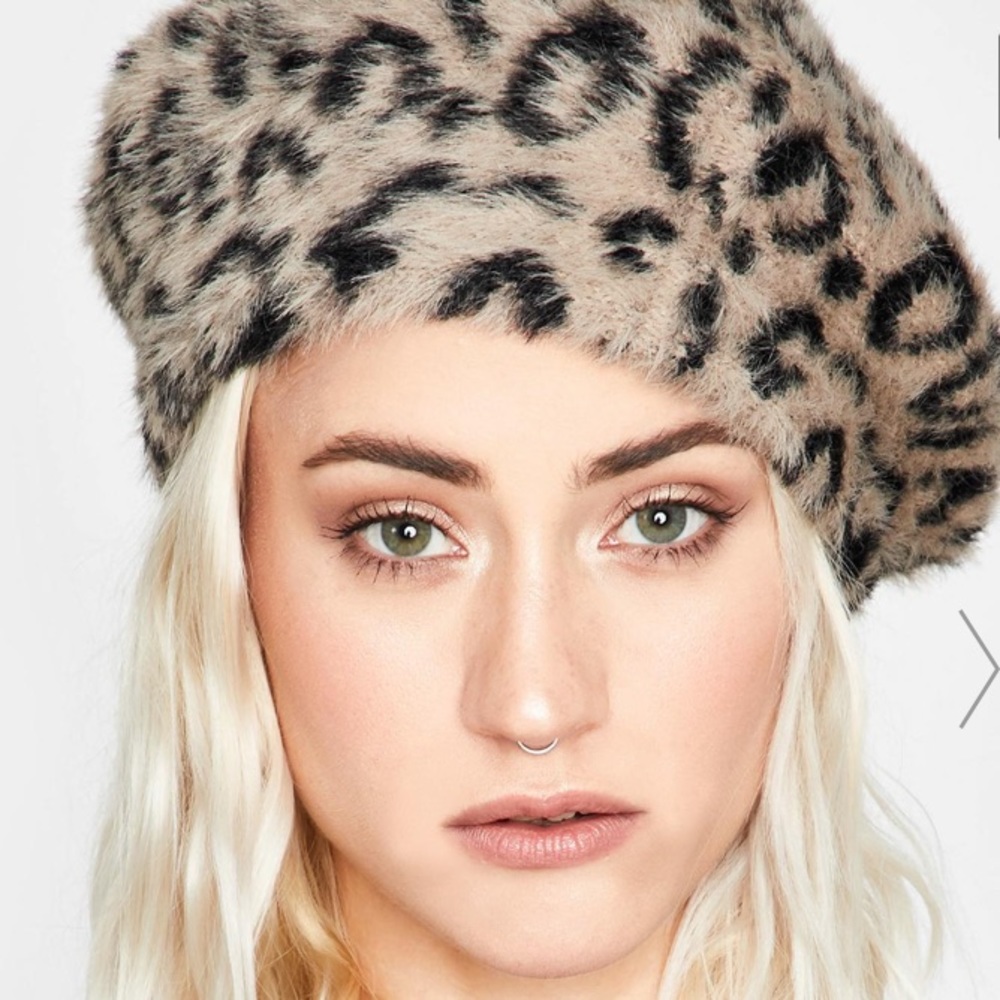 Fuzzy faux fur leopard print beret DOLLS KILL